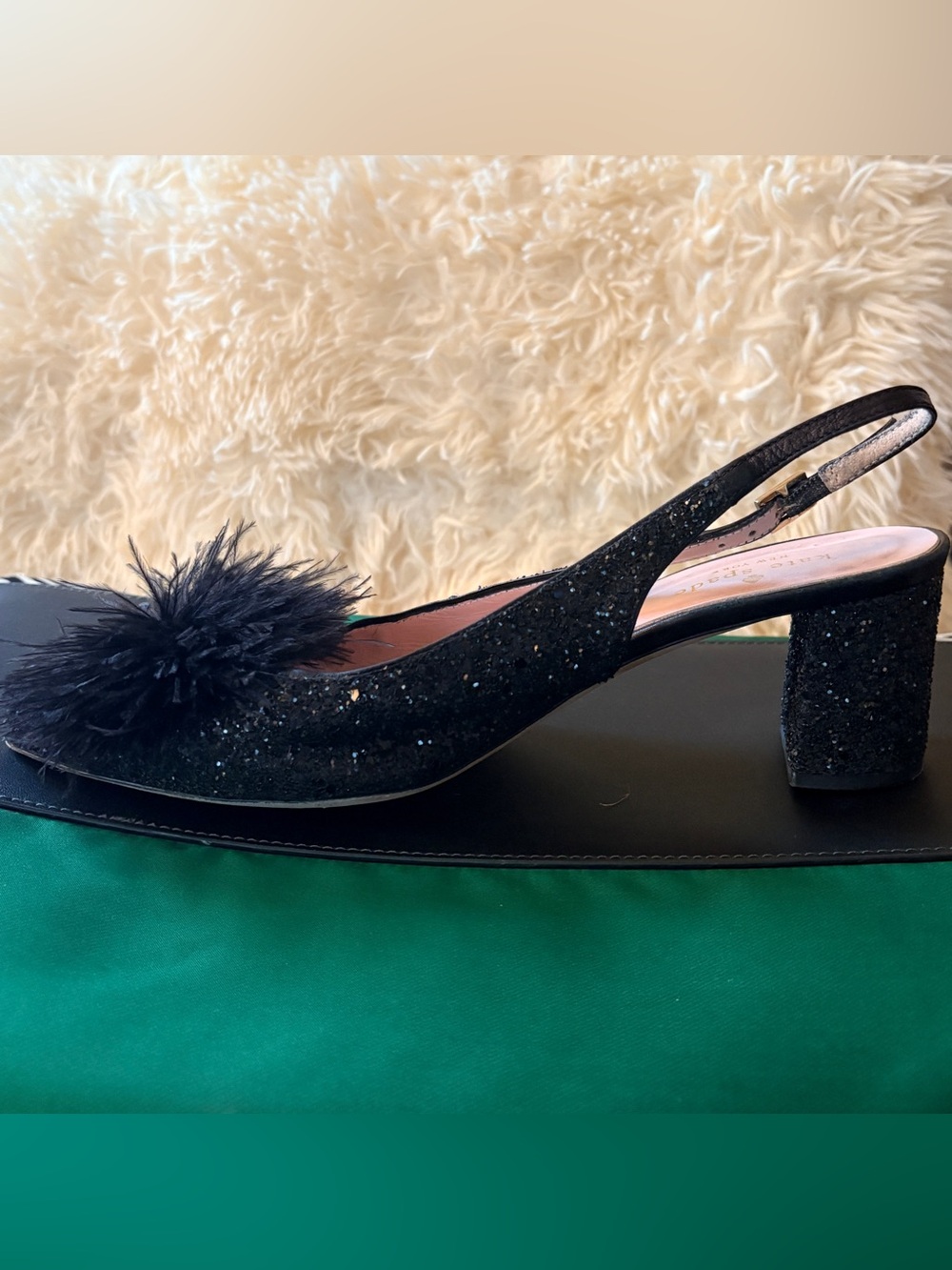 Kate Spade Sparkle Slingback Heels w/ Marabou Flourish Sz 8 - Fantastic Shape!